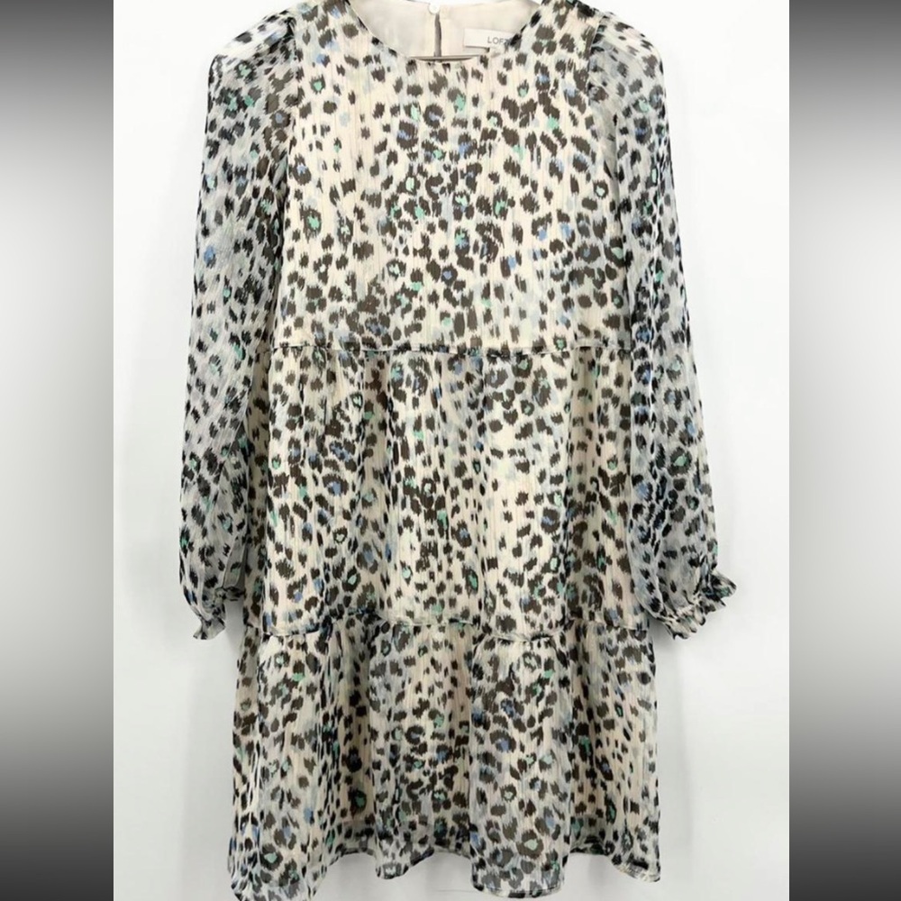 Loft Leopard Print  Ruffle Tiered Semi Sheer Dress Size Medium NWT